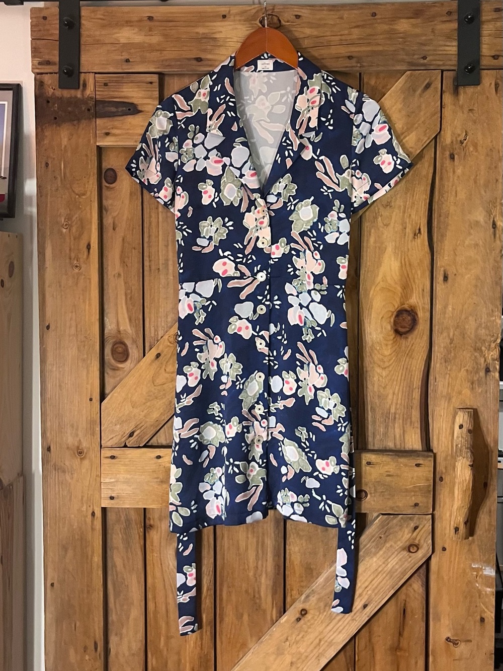 Wilfred Navy Floral Short-Sleeve Tie-Waist Mini Dress size XS - Picture 4 of 7